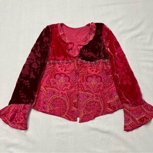 Vintage Y2K Pink Paisley Boho Patchwork Top Bell Sleeves Silk & Velvet Ruffle XS